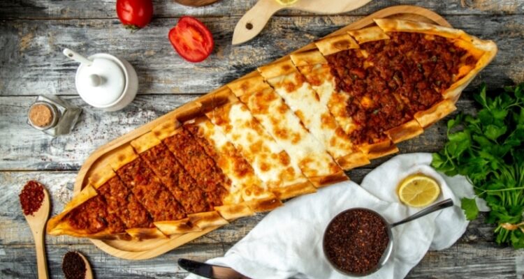 mix pide meat and cheese top view